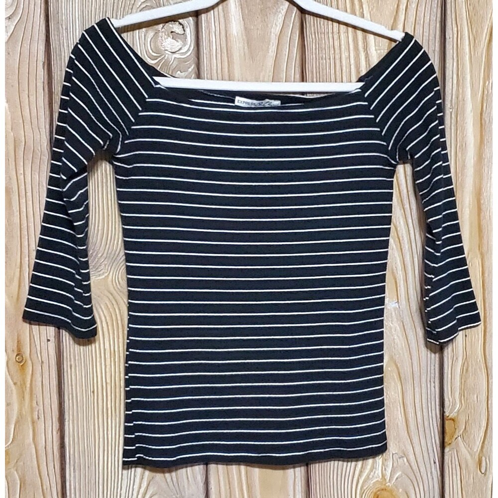EXPRESS One Eleven Off Shoulder Top Womens M Black Striped Ribbed 3/4 Sleeve